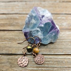 Faceted Tigers Eye and Beaten Copper Drop Earrings